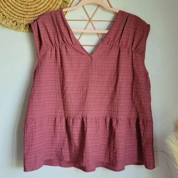 LOFT, New, Mauve Pink Tiered Tie V-Neck V-Back Crinkle Swing Top, Size Large - Picture 11 of 13